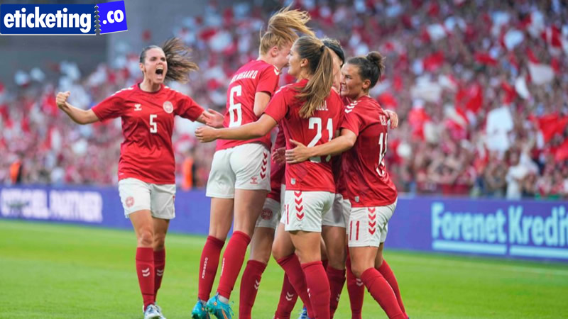 Denmark players are celebrating after Mille Gejl’s goal vs Brazil