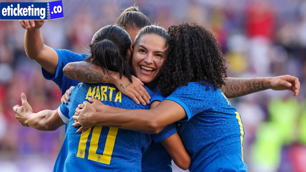 Debinha of Brazil (centre) is praised by teammates Marta and Yasmim (right) after scoring against Japan in the SheBelieves Cup match.